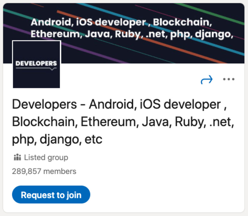 Desarrolladores: Android, desarrollador de iOS, Blockchain, Ethereum, Java, Ruby, .net, php, django, etc. Grupo de LinkedIn para diseñadores y desarrolladores