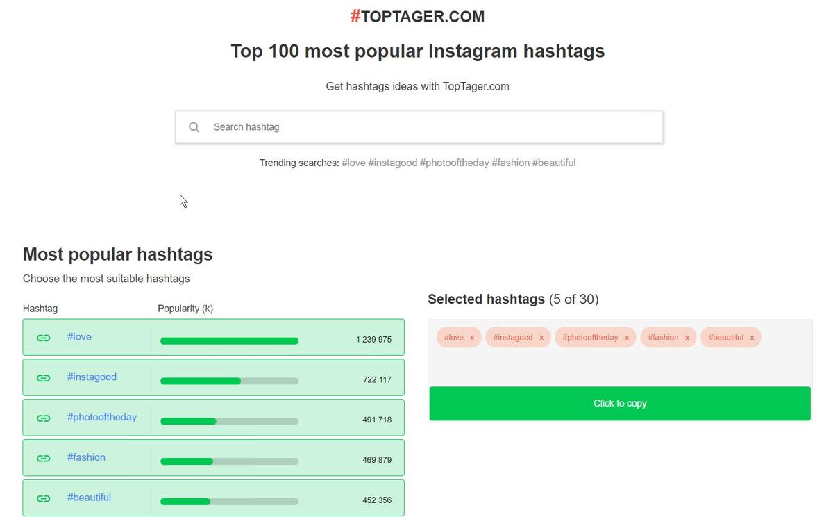 Toptager.com es una herramienta para investigando hashtags