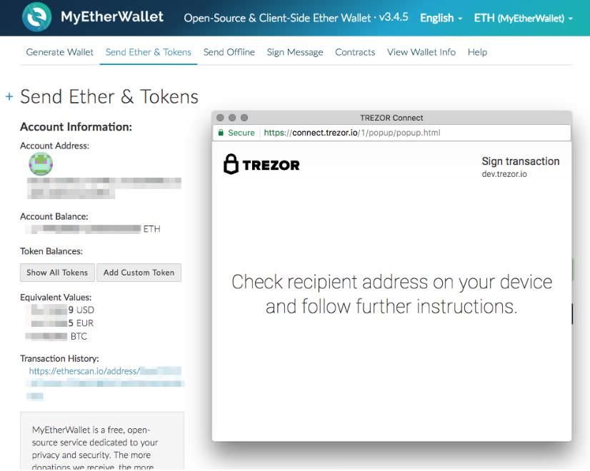 TREZOR permite realizar transacciones usando MyEtherWallet